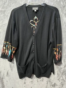 Bob Mackie Wearable Art Sweater Womens 2X Black Feather Embroidery Aztec Western - Picture 1 of 8