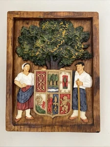 Vtg Basque 3D Resin Carved Handpainted Countryside Life Relief Folk Art 9x7" - Picture 1 of 11