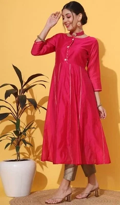 Indian Ethnic dress; Cream/ Magenta Solid Lace work Anarkali Kurta - Image 1 of 4