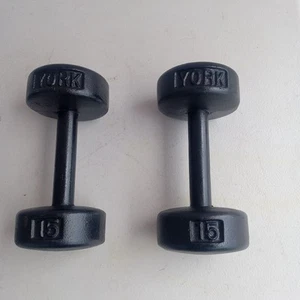Pair of Vintage YORK Cast Iron Roundhead 15LB Round Head Dumbbells New Paint - Picture 1 of 6