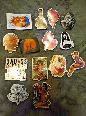 14 Pieces Laptop Stickers Goth Skulls Pin-Ups Tattoos Poison Ouija Astral Etc... - Image 1 of 4