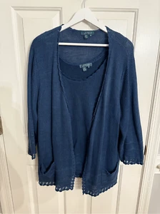 Lauren Ralph Lauren Slate Blue 100% Linen Sweater Twin Set sz 2X EUC - Picture 1 of 11