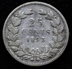 1893 NETHERLANDS 25 CENTS .640 SILVER - Queen Wilhelmina -  - Picture 1 of 5