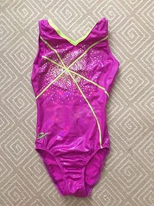 Girl's GK Elite Pinkish Purple & Green Leotard w/ Scrunchie - Women's S EUC - Picture 1 of 3