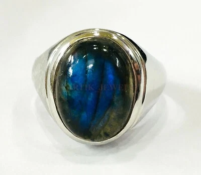 Naturale Labradorite Pietra preziosa con 14K Bianco Placcato Oro Argento Anello - Immagine 1 di 4