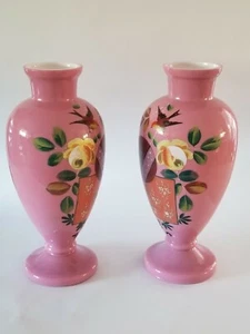 Pair Antique Bristol pink opaline glass vase hand painted flowers - Picture 1 of 9