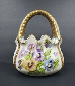 Vintage Handpainted Signed Pansies Flowers Porcelain Handled Basket Bowl Planter - Picture 1 of 10
