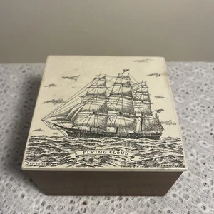 Vintage Scrimshaw Replica Trinket Box PEM Flying Cloud Clipper Ship Nautical - Picture 1 of 17