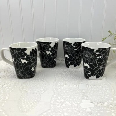 Cynthia Rowley Mum White 10 oz Coffee Tea Mug Floral Set of 4 - Image 1 of 4