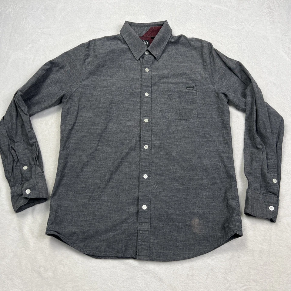 Men's Volcom Flats Button Up Shirt Long Sleeve Charcoal/Red 100% Cotton Size M - Image 1 of 4