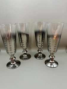 Vintage Art Deco Mirrored Grey/Silver Ombre Polka DotChampagne Flutes | Set of 4 - Picture 1 of 6