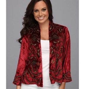 Lucky Brand NWOT Red Crushed Velvet Heavily Beaded Open Jacket Size Medium - Picture 1 of 10