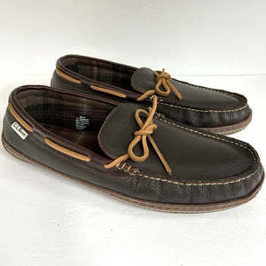 LL BEAN Premium Leather Upper Moccasin Slippers 212164 Mens 12 Flannel Lined - Picture 1 of 15