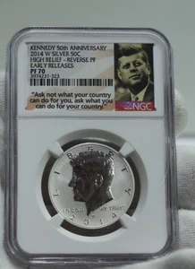 2014-W Silver Kennedy NGC Reverse PF70 High Relief 50th Anniv.ER Speech Label - Picture 1 of 2