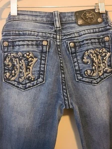 Miss Me Girls Bootcut Denim Jeans Sequined Embroidered Pockets Blue Size 16 - Picture 1 of 5