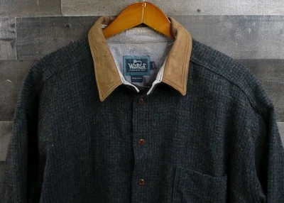 Vintage Woolrich Shirt Mens 2XL Green Wool Suede Collar Elbow Patches Made USA - Image 1 of 4