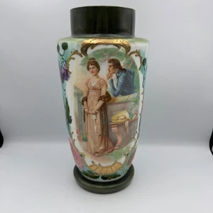 Vintage Porcelain Vase Romantic Scene Floral Gold Gilt Accent - Picture 1 of 9