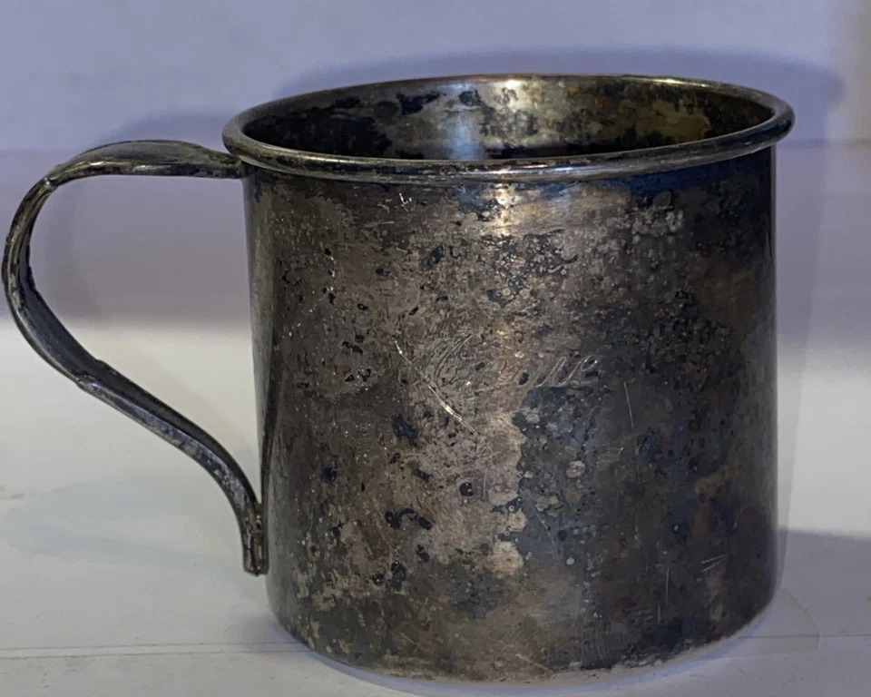 Taza bebé bebé bebé nombre grabado “Angie” plateado vintage comunidad Oneida Foto 1 de 4