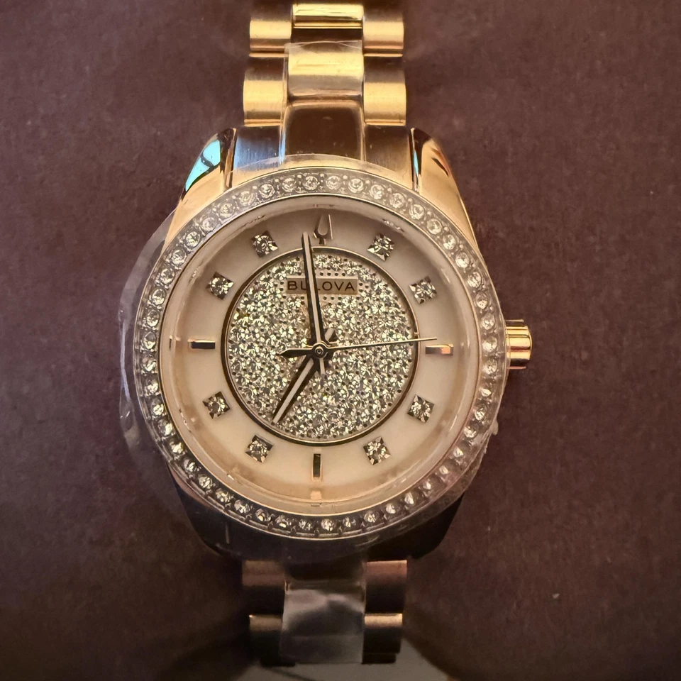 Bulova Gold Tone White Dial Crystal Quartz Women's Watch & 2 Bracelets 98L315