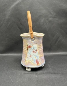 Pink Pottery Vase Footed Basket Cherry Blossom Bamboo Handle Signed - Picture 1 of 7