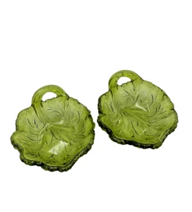 2 MCM Indiana Glass Avacado Green Pebble Leaf Nut/Berry Dishes with Handles - Imagen 1 de 5