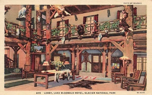 LOBBY LAKE McDONALD HOTEL GLACIER NATIONAL PARK MT VINTAGE POSTCARD 1935 091223 - Picture 1 of 2