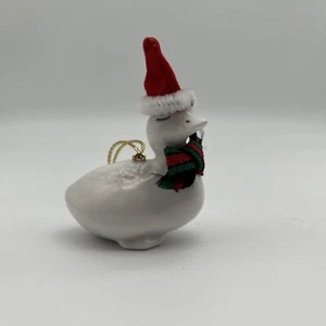 Ornamento anatra bianca natalizia Enesco 1986 vintage con cappello e fiocco Babbo Natale - Foto 1 di 6