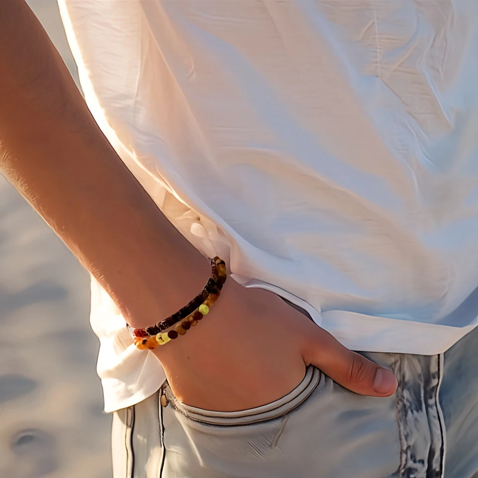 Bernsteinarmband 100% Natur Bernstein 2er Set Surfer-Armband Herren  Damen 00250 - Bild 1 von 4