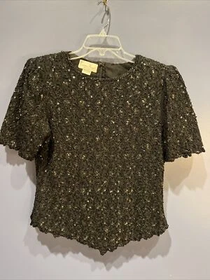Large Black  Laurence Kazar Beaded Sequin Back Zipper Blouse, Lined Short Sleeve - Image 1 of 4