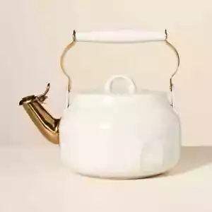 2 Quart Stainless Steel Arched Hollow Teapot Elegant White with Gold Rim Simple - Picture 1 of 8