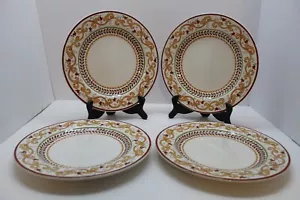4 World Market Dinner Plates "Lisbon" Yellow Scrolls, Red Flowers, Green Bands - Picture 1 of 6