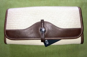 Neu! Vintage TUMI Clutch Handtasche Poly-Gras geflochten Lederbesatz cremefarben/brauner Besatz ~ Sommer - Bild 1 von 11