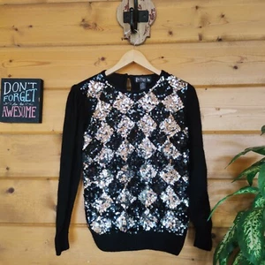 Suéter Le Chois Negro Plata Mezcla Lana Seda Diamantes Top Vintage Años 80 Talla Pequeña - Imagen 1 de 11