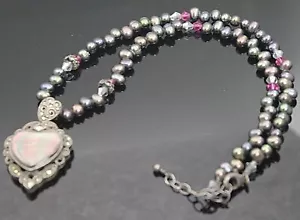 COLLAR PLATA ESTERLINA CORAZÓN MARCASITAS PERLAS GENUINAS VINTAGE 16"" - Imagen 1 de 4