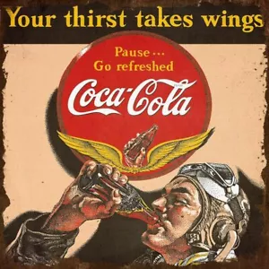 COCA COLA THIRST TAKES WINGS PILOT 12" SQ HEAVY DUTY USA METAL ADVERTISING SIGN - Picture 1 of 1