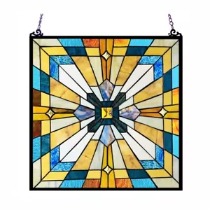 Stained Glass Window Panel Tiffany Style Arts & Crafts Mission 20x20 Suncatcher - Picture 1 of 4