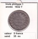 B  ) pièces française de 5 francs de louis Philippe 1832 T