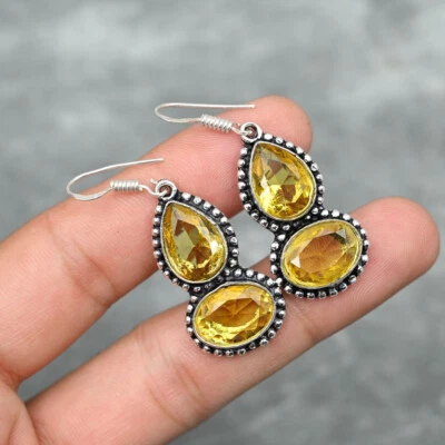 Orecchino Fatto A Mano In Argento Sterling 925 Con Gemma Topazio Limone S-40 - Immagine 1 di 4