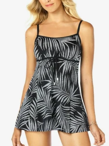 Swim Solutions Printed Empire-Waist Tummy-Control Swimdress, Black, Size 10 - Picture 1 of 5