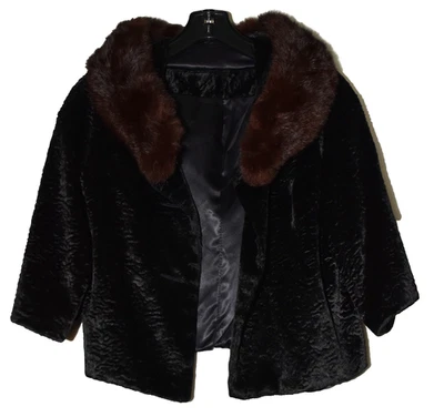 Vintage Black Faux Persian Lamb with Dark Mink Fur Collar Jacket Size S-M - Image 1 of 4