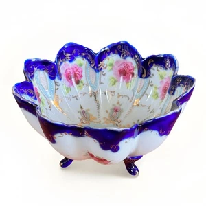 Antique Hand Painted Footed Bowl Cobalt Blue Gold Floral Porcelain 7”x4” - Picture 1 of 7