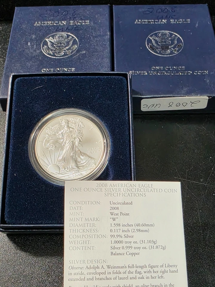 American Silver Eagle 2008 W como nuevo sin circular bruñido con caja + certificado de autenticidad Foto 1 de 1