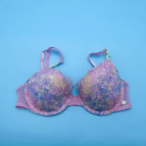 Victorias Secret Push Up Bra 32C Pink Floral Mesh Lace Trim Lined Demi Lingerie - Picture 1 of 8