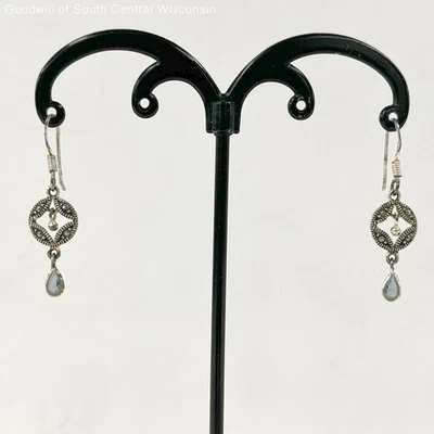 Pendientes de disco colgantes de plata de ley con marcasita y circonita cúbica azul pálido, 1,51 g Foto 1 de 4