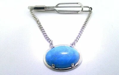 2 1/10 INCH  25x18 OVAL TURQUOISE HOWLITE CAB GEM TIE CLIP TIE BAR CHAIN EPTT396 - Image 1 of 2
