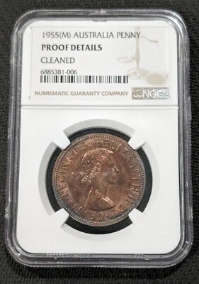 1955 M Australia 1 Penny NGV Proof PF Details Cleaned Blue Toning Melbourne - Image 1 of 4