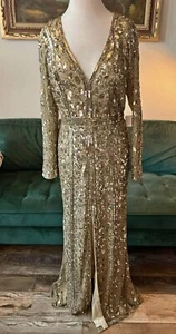 Mac Duggal verziertes Langarmkleid mit Frontschlitz Antikgold G1618 Größe 14 Neu mit Etikett - Bild 1 von 10