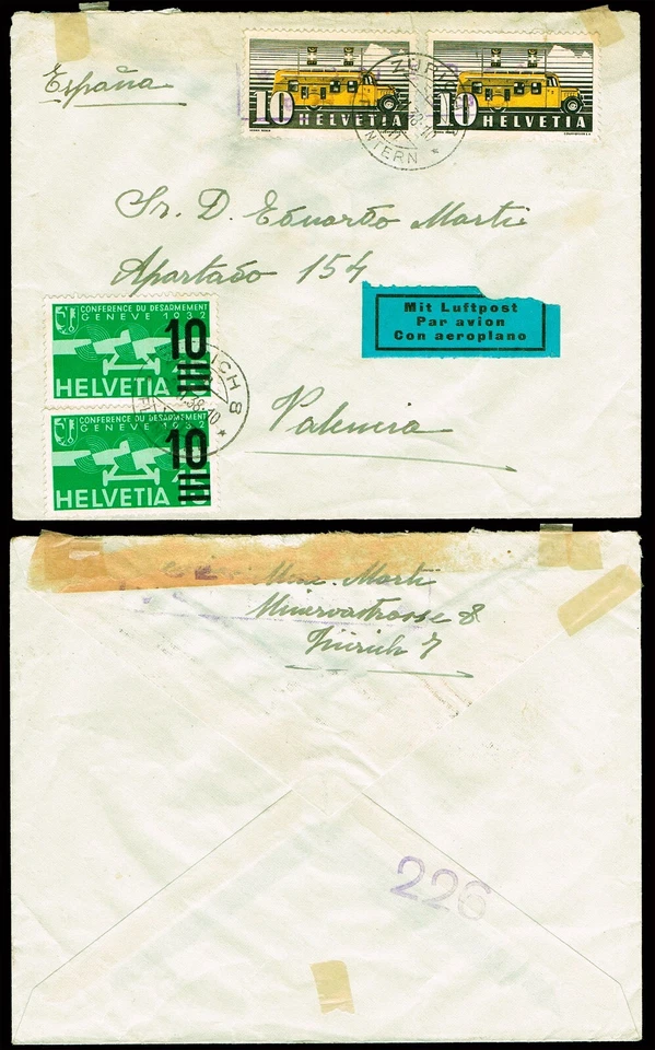 Suiza - Yv o 302(2)+A20(2) - 1938 - Carta correo aéreo de Zurich a Valencia  - Imagen 1 de 1