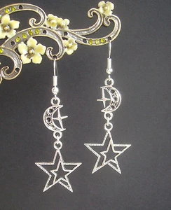 Celestial Stars and Moon Dangly Silver Plated Earrings - Picture 1 of 6