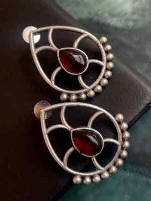 Oxidised silver teardrop unique artisan dangle earrings - Image 1 of 3